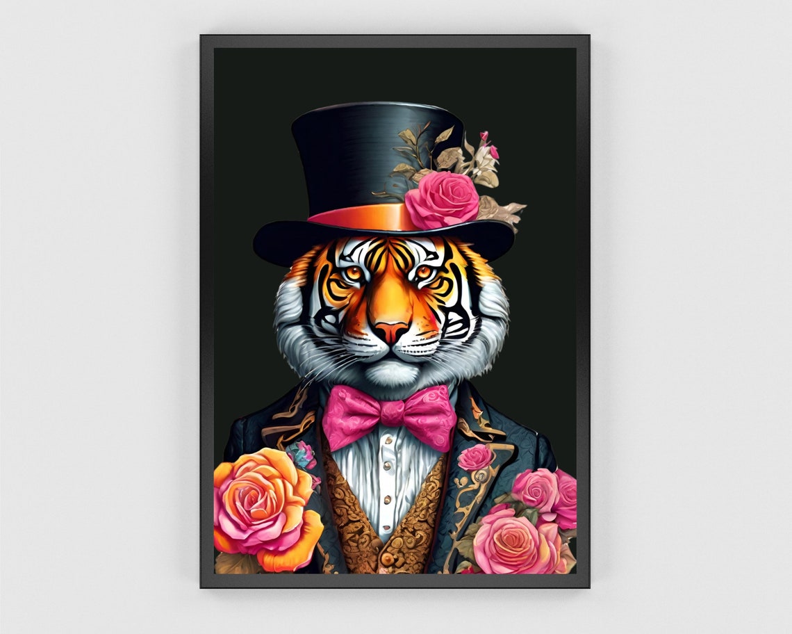 Dapper Tiger Fashion Art Top Hat Pink Bow Tie Rose Portrait Print - Image 3