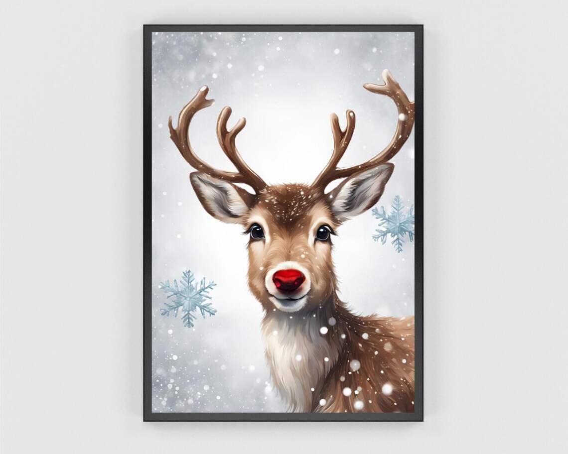 Cute Red Nose Reindeer in Snowy Winter Christmas Holiday Poster - Image 3