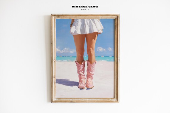 Coastal Cowgirl Pink Cowboy Boots Beach White Skirt Trendy Art Poster
