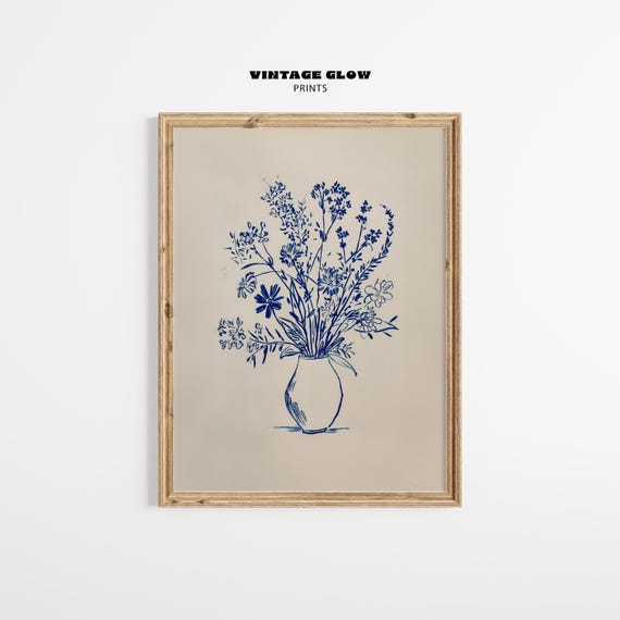 Blue Floral Still Life Art Print, Boho Botanical
