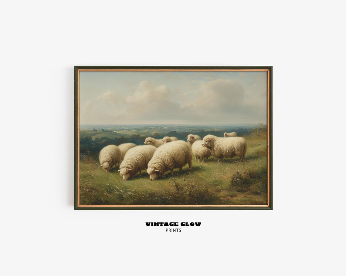 Vintage Sheep Meadow Oil Painting Grazing Flock Pasture Wall Art