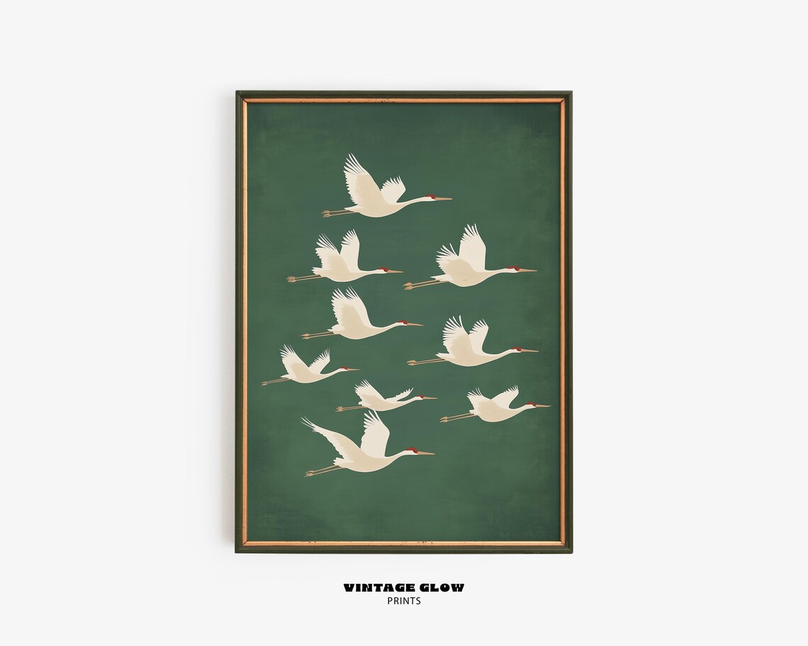 Flying Cranes Japandi Bird Print, Vintage Japanese Style