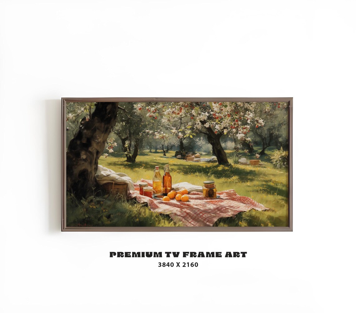 Summer Picnic Orchard Painting Blossom Trees Country Art Poster