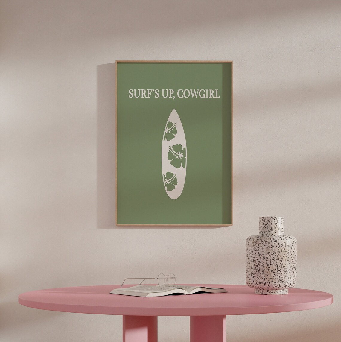 Surf's Up Cowgirl Sage Green Surfboard Hibiscus Beach Poster - Image 3