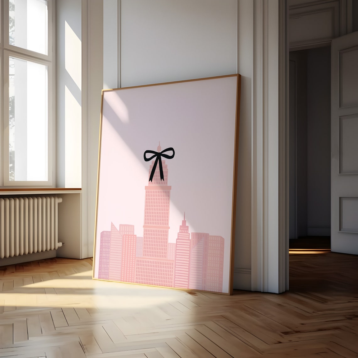 Pink New York Skyline Black Bow Coquette Balletcore Art Poster - Image 4