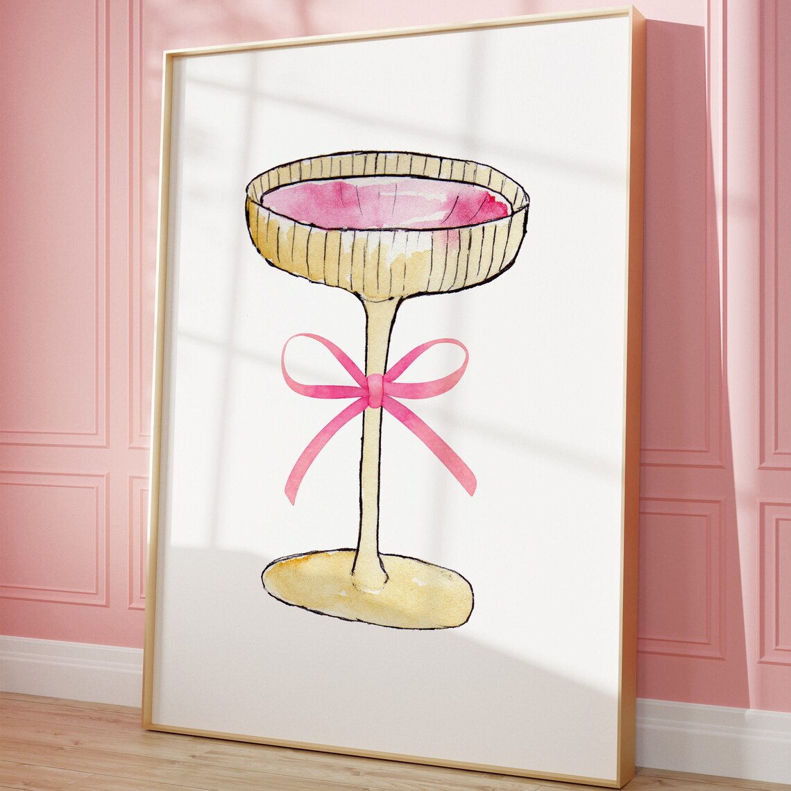 Champagne Coupe Glass Pink Bow Watercolor Coquette Kitchen Bar Print - Image 3