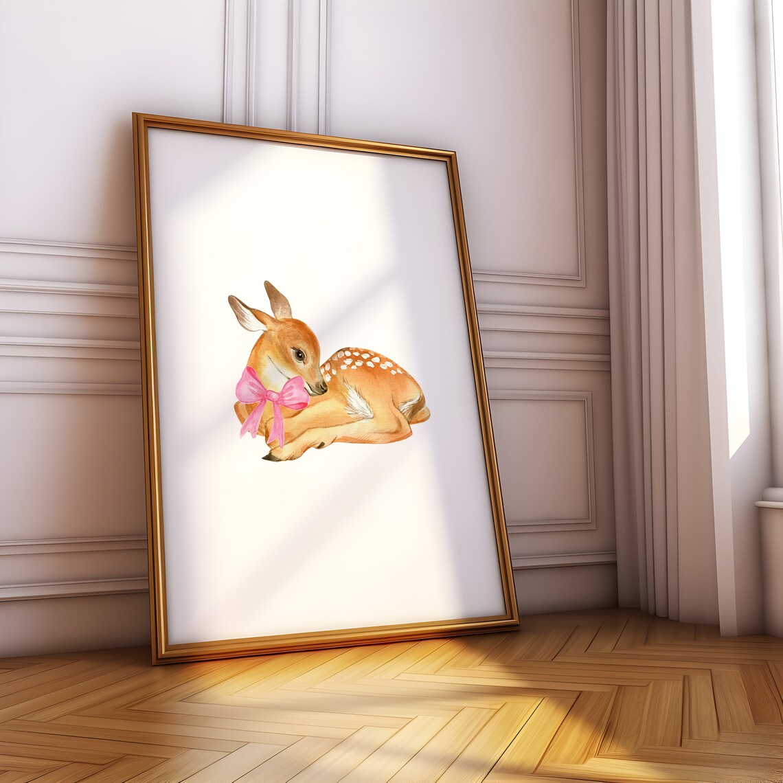 Cute Baby Deer Fawn with Pink Bow Watercolor Nursery Art Poster - Image 5
