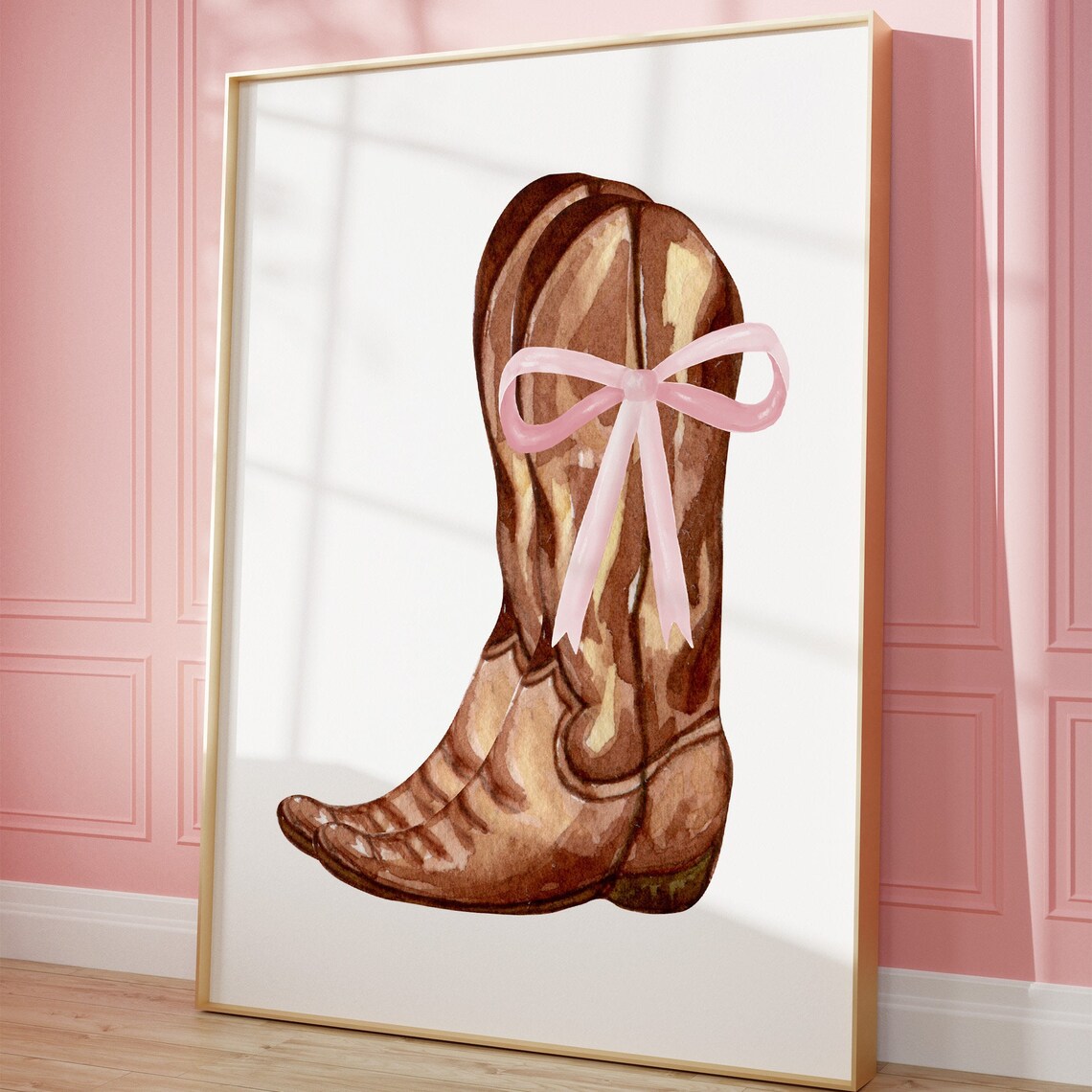 Watercolor Cowgirl Boots With Pink Bow Coastal Western Decor Poster - Image 5