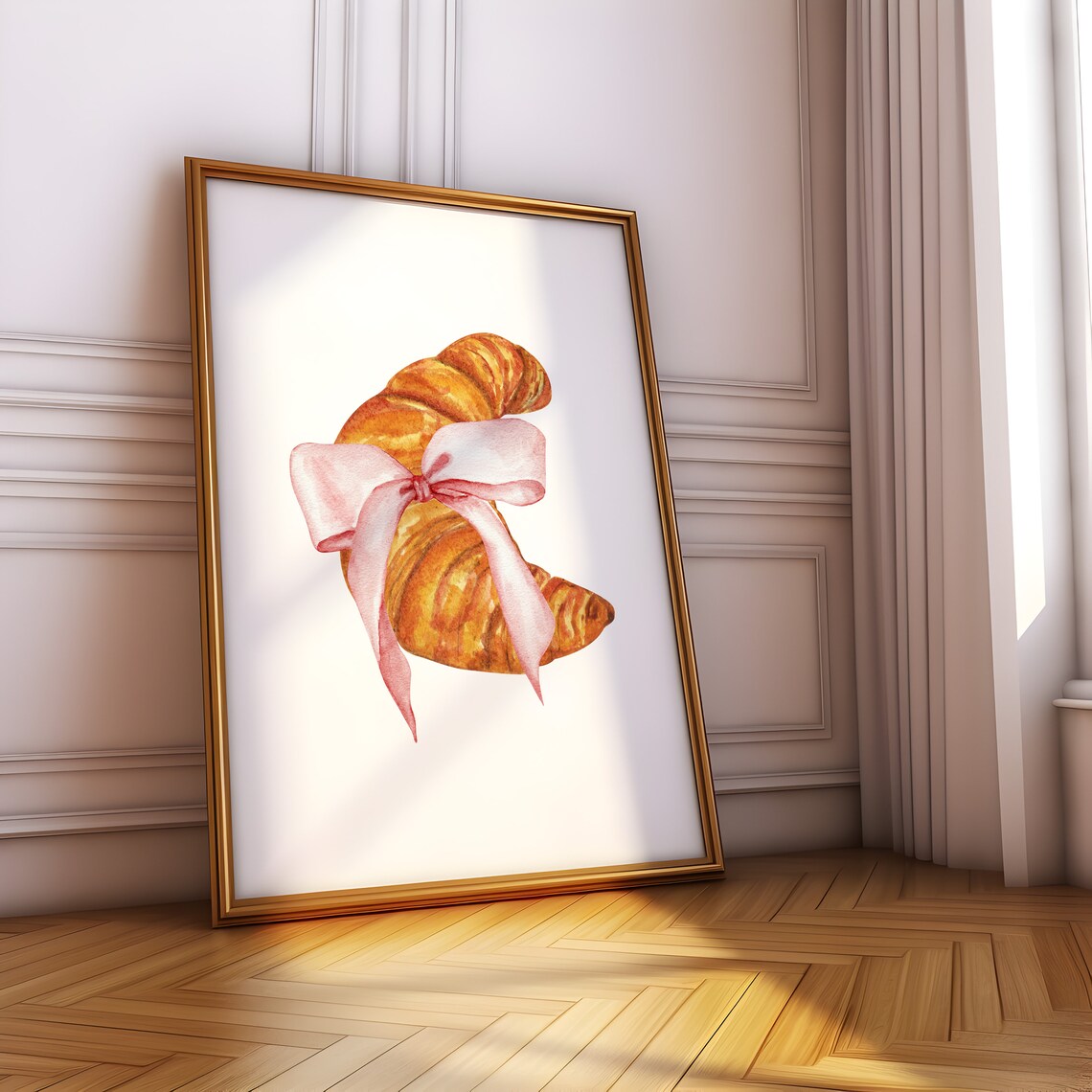 Pink Bow Croissant Watercolor French Bakery Kitchen Art Print - Image 4