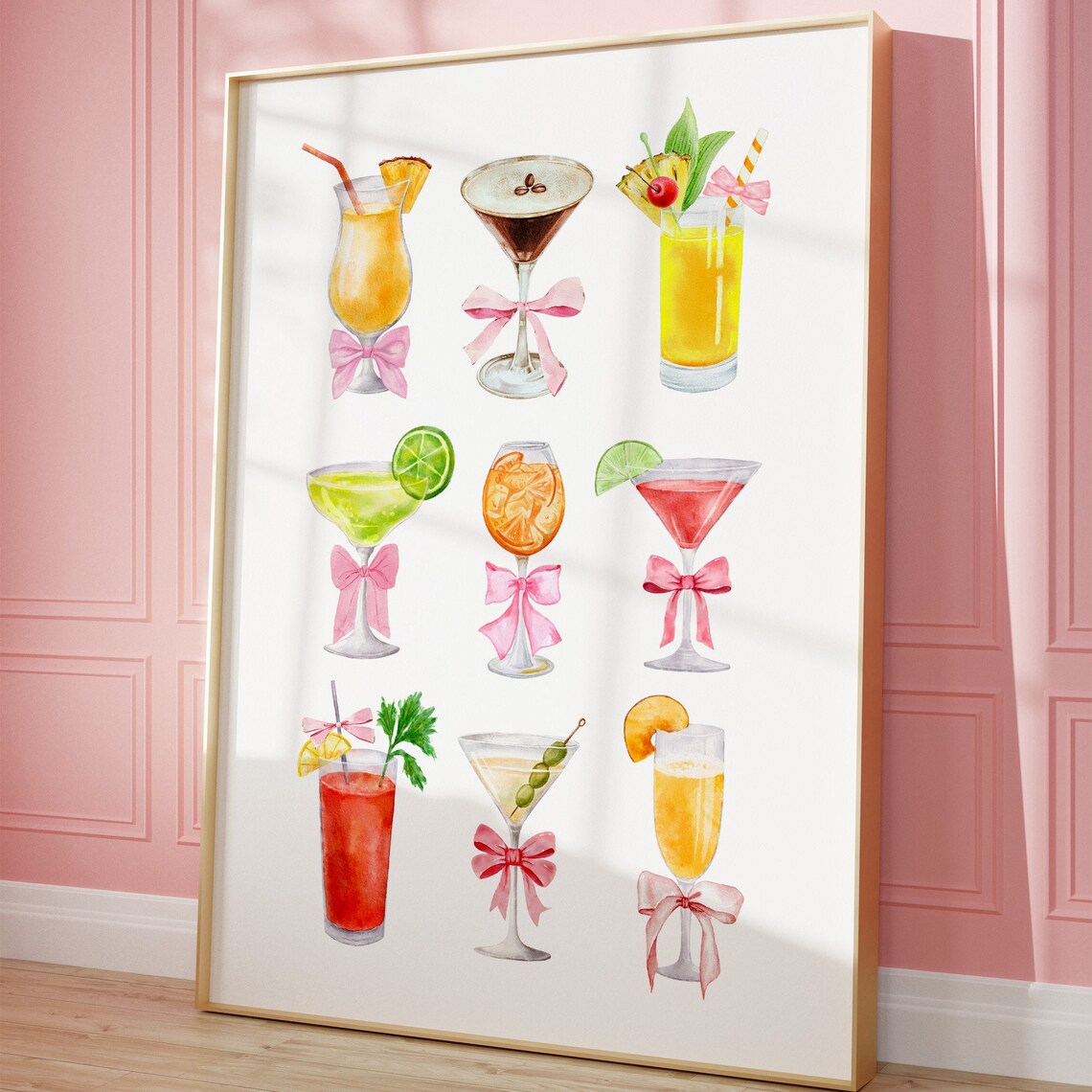 Pink Bow Cocktail Collection Watercolor Bar Cart Party Art Print - Image 3