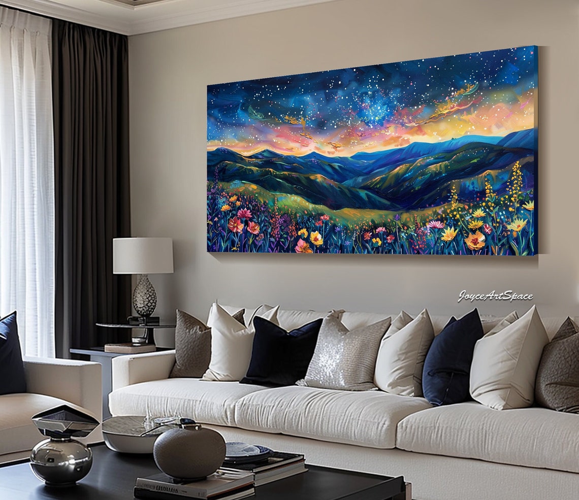 Starry Night Rolling Hills Wildflowers 3D Impasto Dreamy Wall Art - Image 3