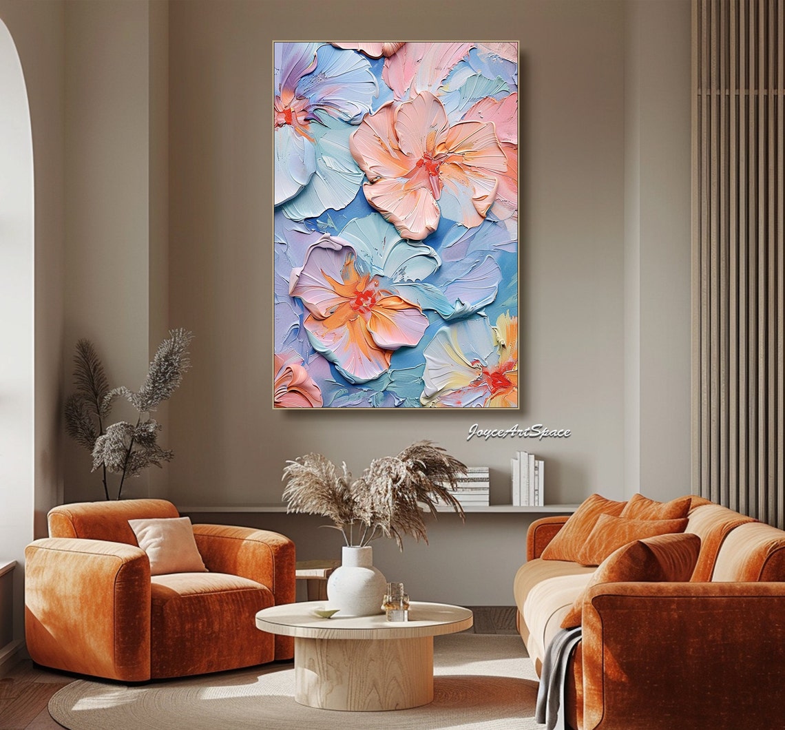 Pastel Soft Hibiscus Flowers 3D Impasto Abstract Floral Wall Art - Image 5