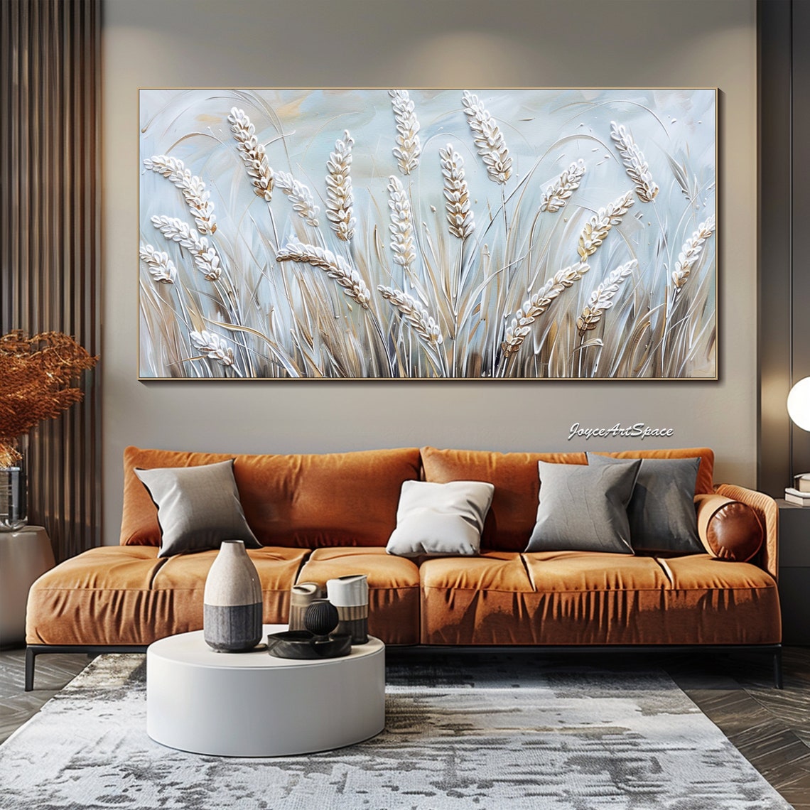 White Wheat Stalks Pale Blue Textured 3D Neutral Art Print Poster - Image 3
