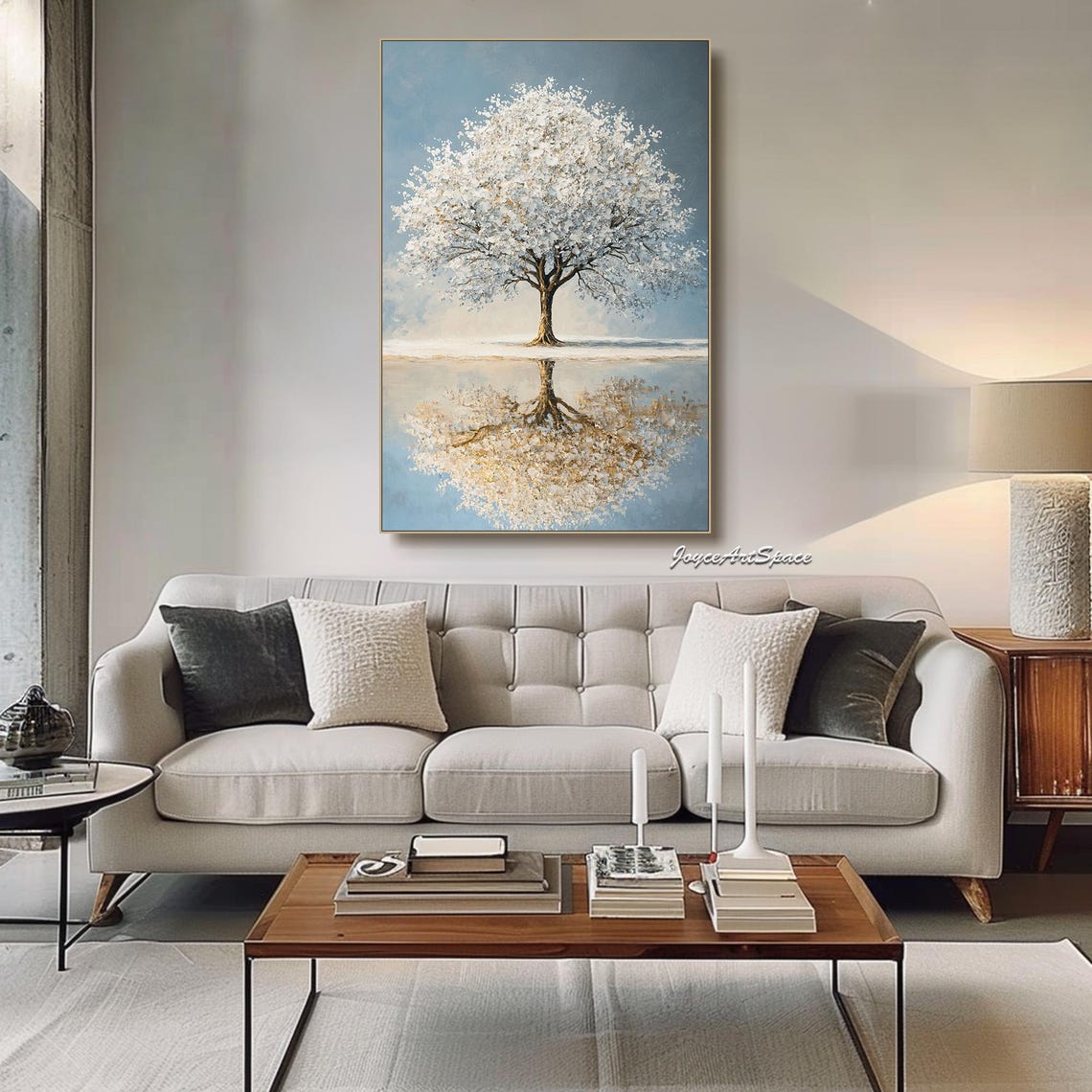 White Blossom Tree Water Reflection Serene Textured 3D Art Poster - Image 3