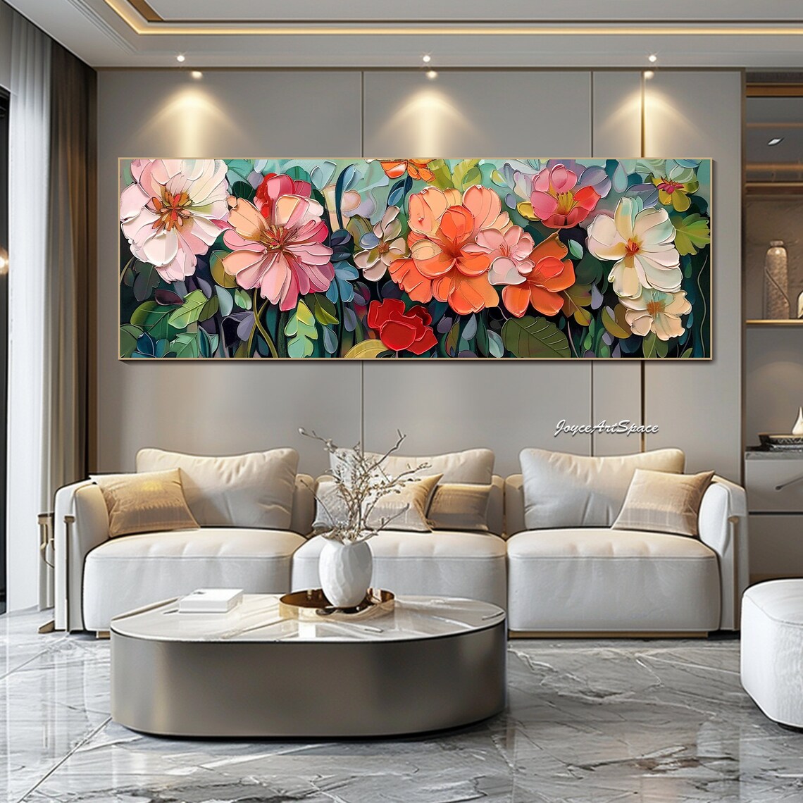 Pink Orange Panoramic Blossom Garden Textured 3D Floral Art Poster - Image 2