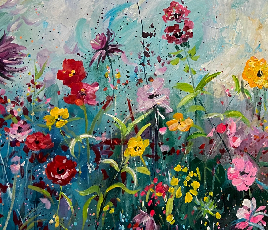 Wildflower Meadow Teal Background Colorful Blooms Impasto Wall Art - Image 4