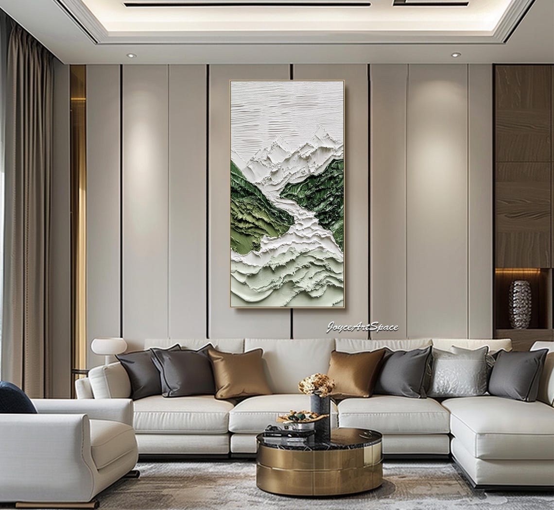 Green White Snowy Mountain Valley Textured 3D Vertical Art Poster - Image 2