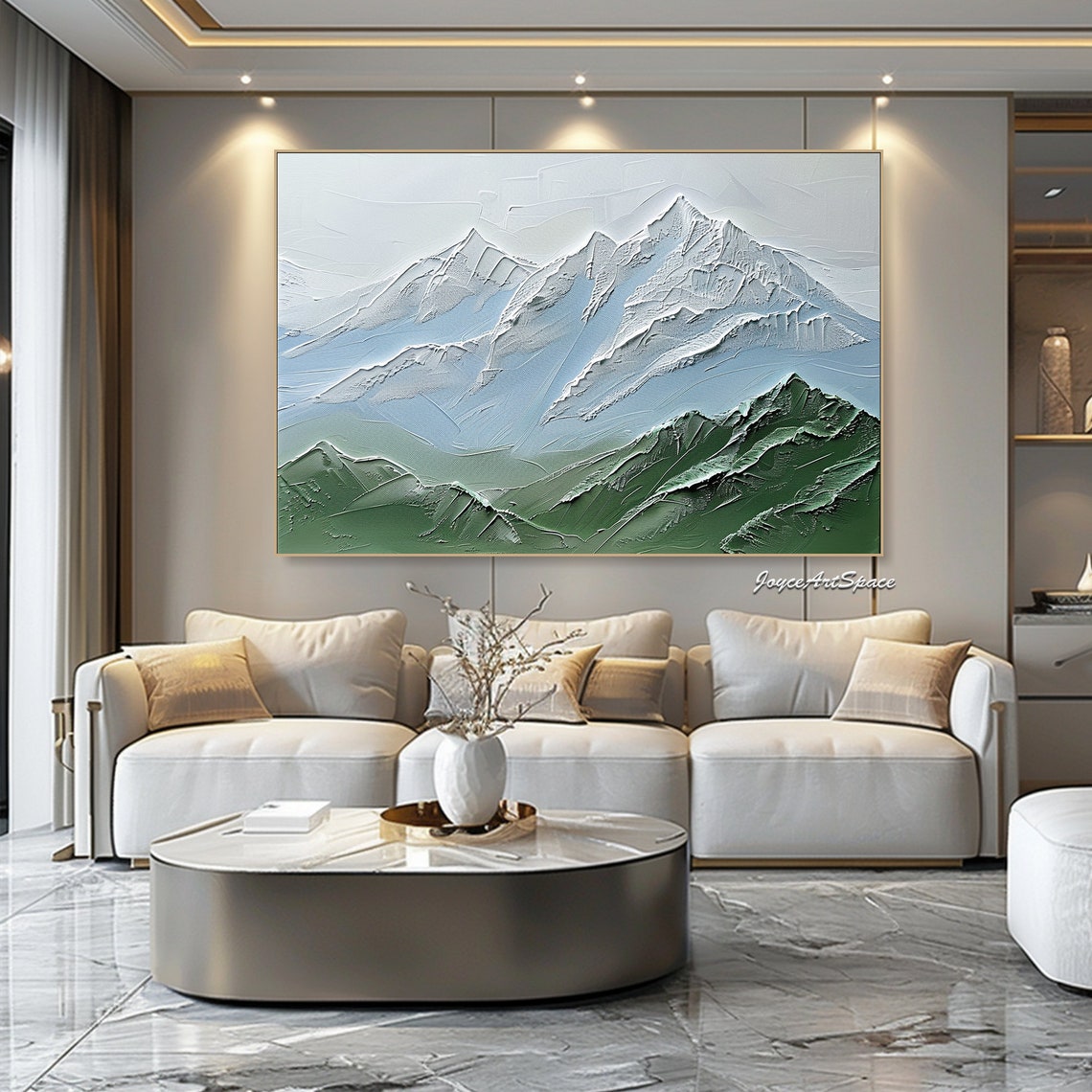 Green Snowy Mountain Range Textured 3D Impasto Landscape Oil Poster - Image 2