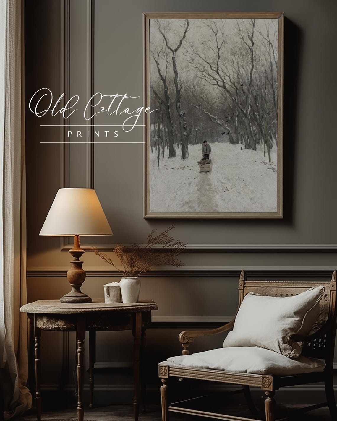 Snowy Winter Woods Figure with Sled Vintage Muted Art Poster - Image 3