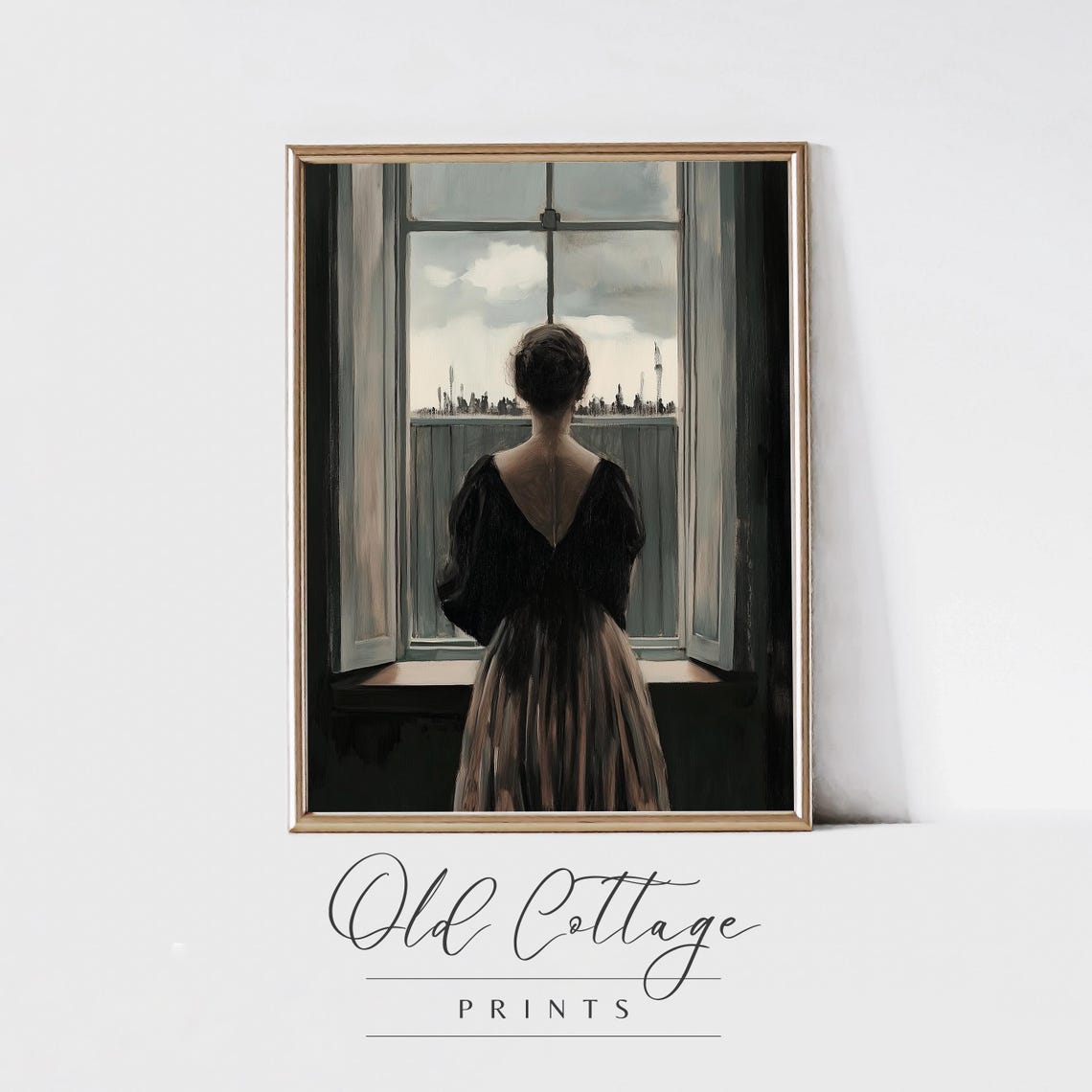 City Gaze Print Vintage Woman Art Moody Cityscape Painting Woman In Window Print Art 0084