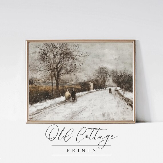 Snowy Winter Road with Figures Vintage Cold Landscape Art Print