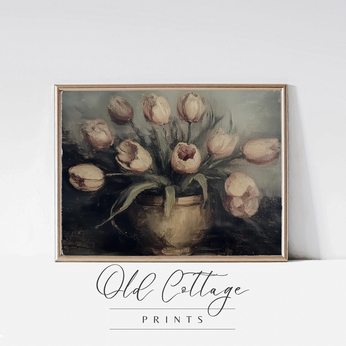 Blush Tulips in Brass Vase Dark Moody Floral Still Life Print