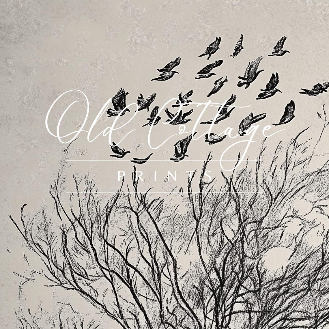 Bare Tree with Flock of Birds Black Ink Minimalist Sketch Print - Image 2