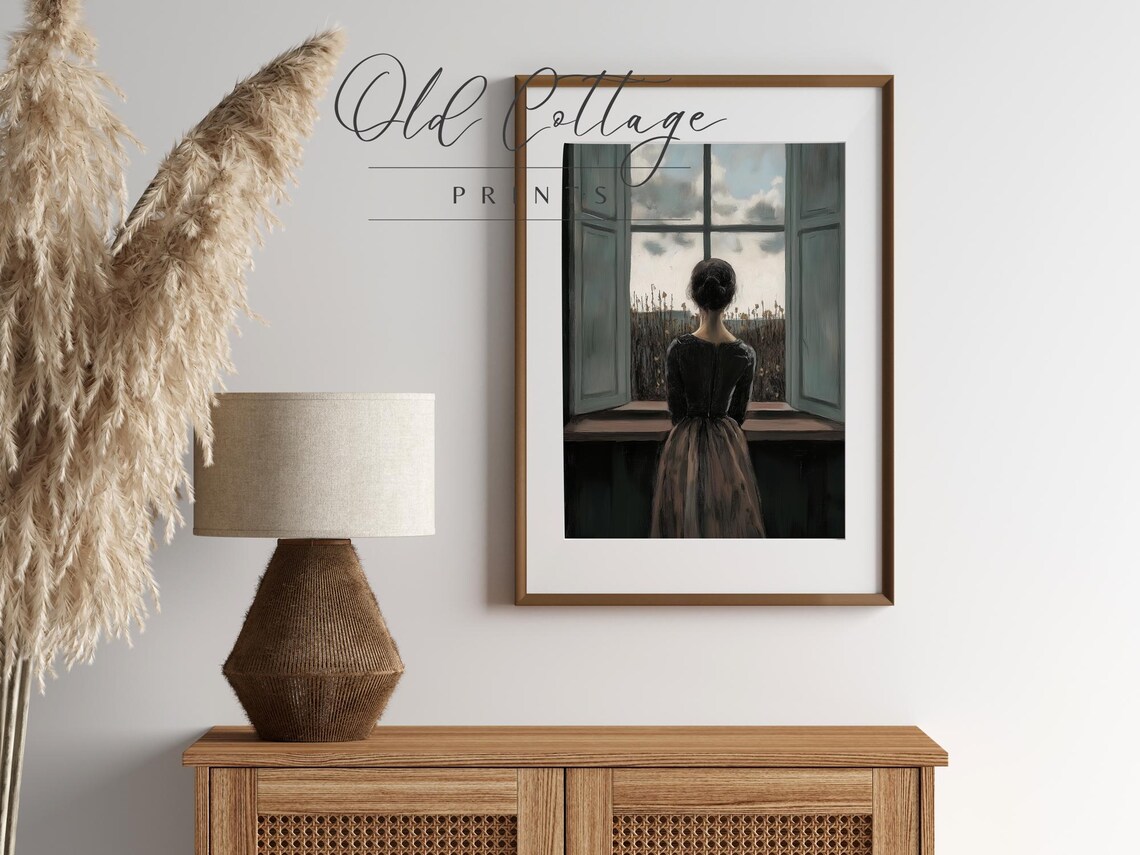 Woman at Window Gazing at Field Moody Vintage Interior Art Print - Image 3