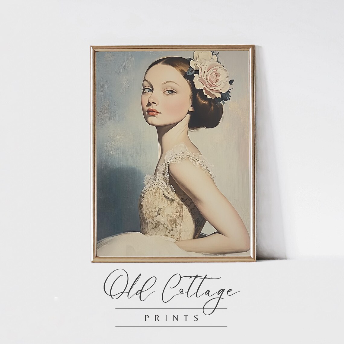 Romantic Vintage Portrait Woman in Lace Dress with Rose Poster