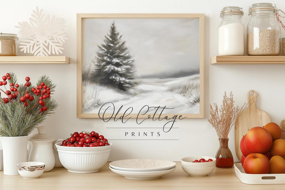 Lone Snowy Evergreen Tree Minimalist Winter Landscape Art Poster - Image 2