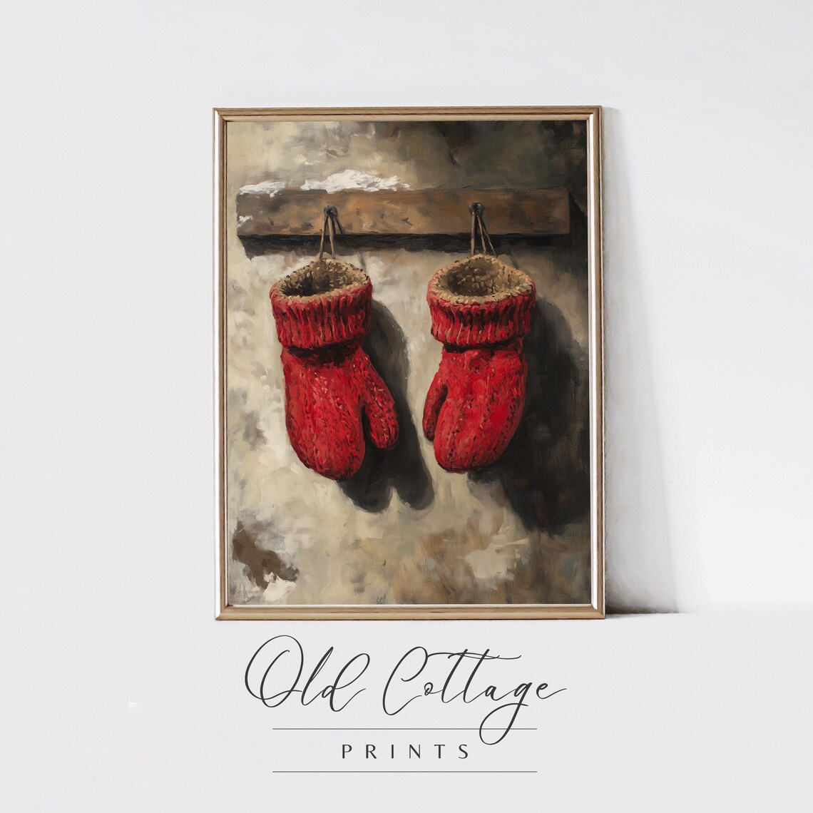 Red Knitted Mittens Hanging Peg Rack Vintage Winter Still Life Poster