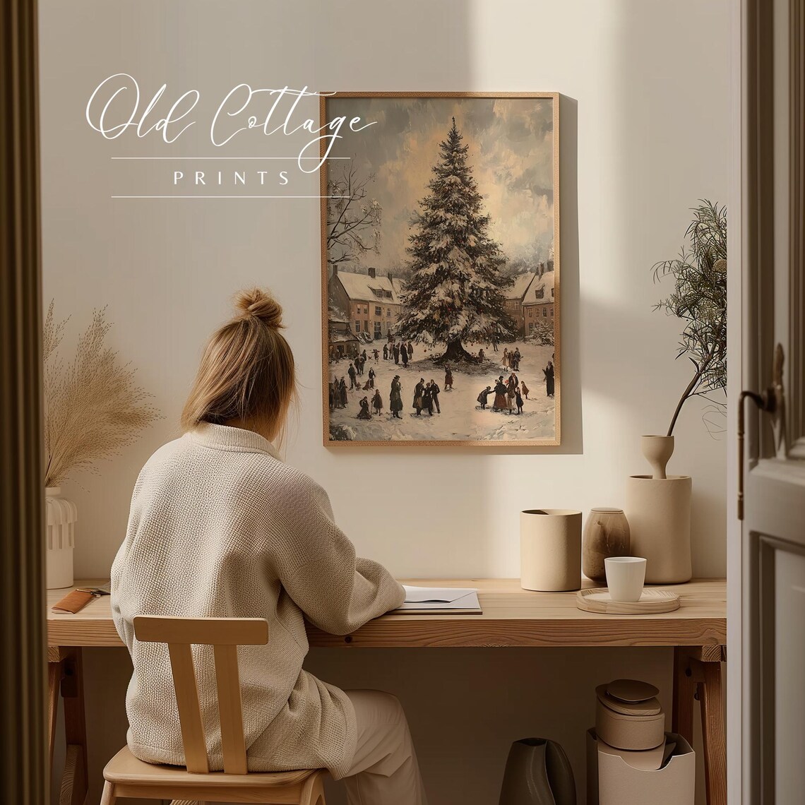 Snowy Village Christmas Tree Festive Vintage Holiday Scene Poster - Image 3