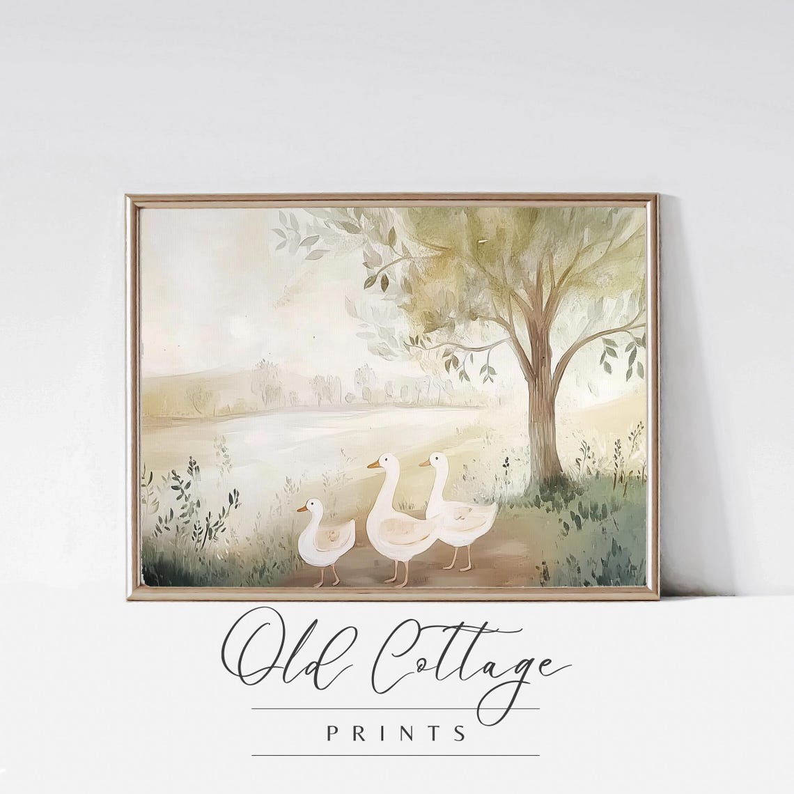 Three White Ducks By A Misty Lakeside Tree Watercolor Scene Poster