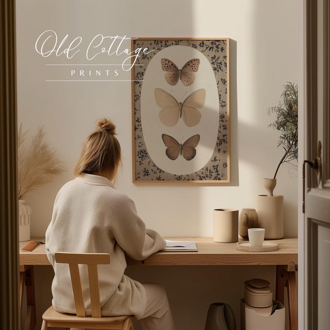 Vintage Butterfly Trio Study In Neutral Botanical Tones Poster - Image 2