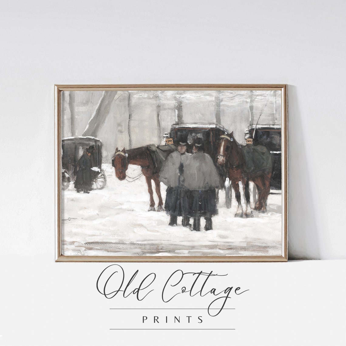 Horse Carriages in Falling Snow Moody Vintage Winter Art Poster