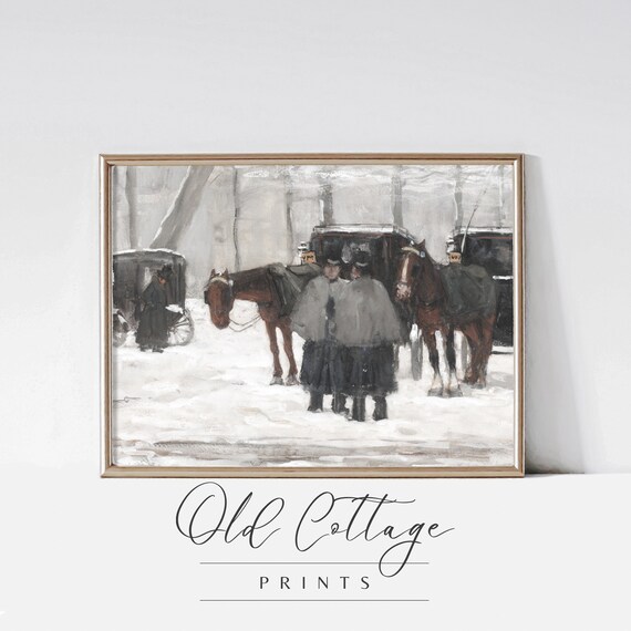 Horse Carriages in Falling Snow Moody Vintage Winter Art Poster