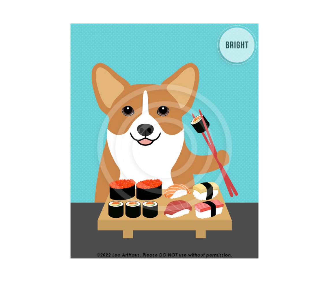 Corgi Eating Sushi Platter With Chopsticks Funny Dog Art Poster