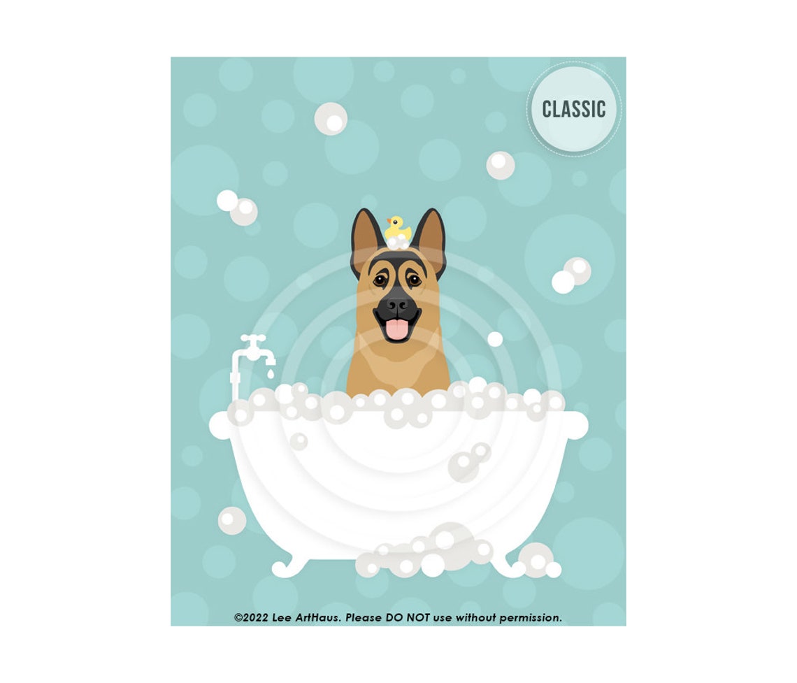 German Shepherd Bubble Bath Bathtub Rubber Duck Cute Dog Art Poster