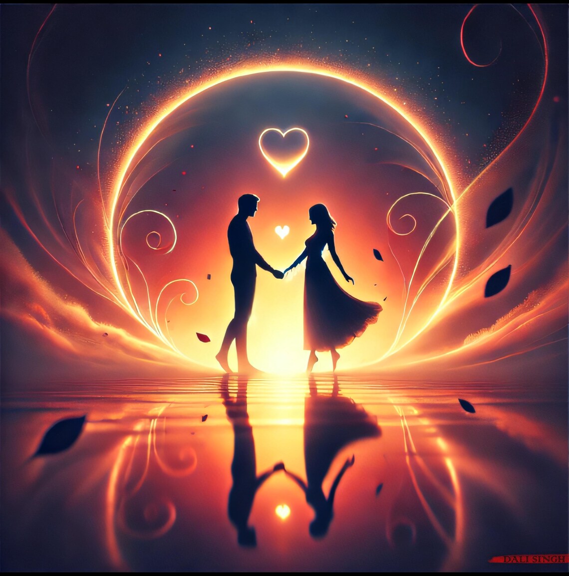 Couple Silhouette inside a Fiery Ring of Light with Hearts Art Poster