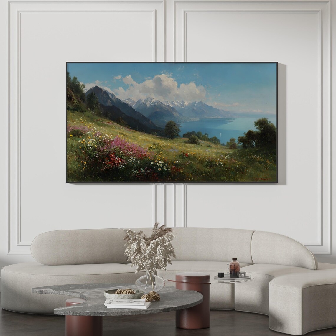 Spring Alpine Meadow Landscape Painting Poster Wildflower Mountain Lake Art