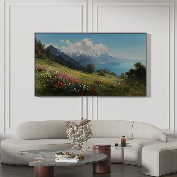 Spring Alpine Meadow Landscape Painting Poster Wildflower Mountain Lake Art