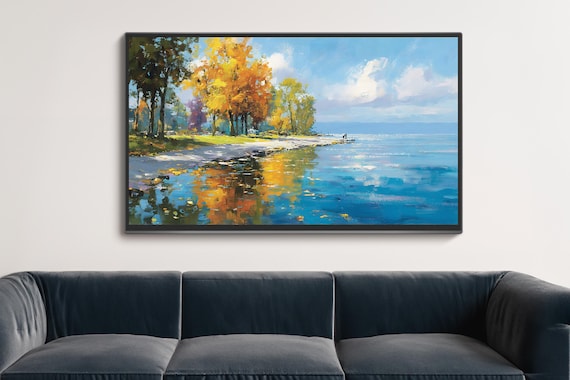 Autumn Lakeshore Painting Yellow Trees Calm Water Reflection Print