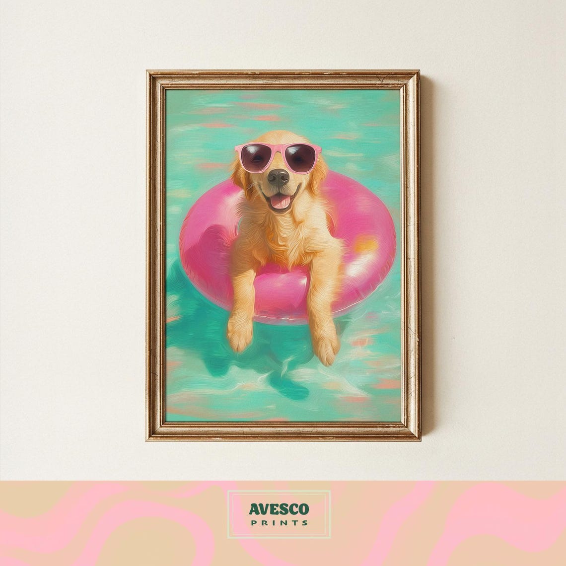 Golden Retriever In Rubber Ring Art Print Summer Dog Lover Wall Decor