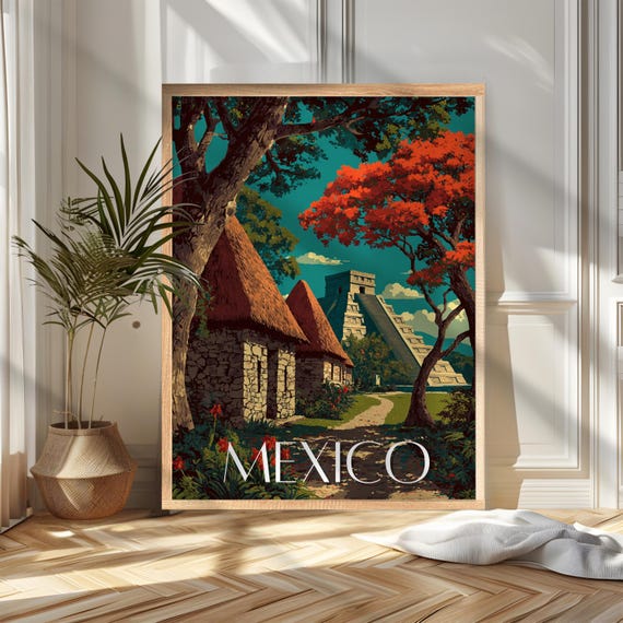 Mexico Jungle Mayan Huts Chichen Itza Pyramid Vintage Travel Poster