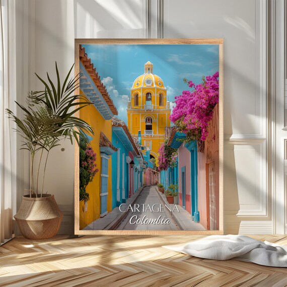 Cartagena Colombia Colorful Colonial Street Church Retro Travel Poster