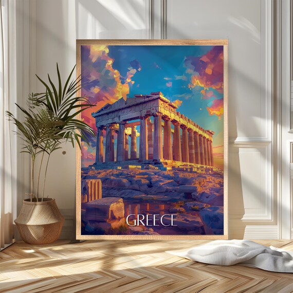 Greece Parthenon Athens Golden Sunset Ancient Ruins Travel Poster