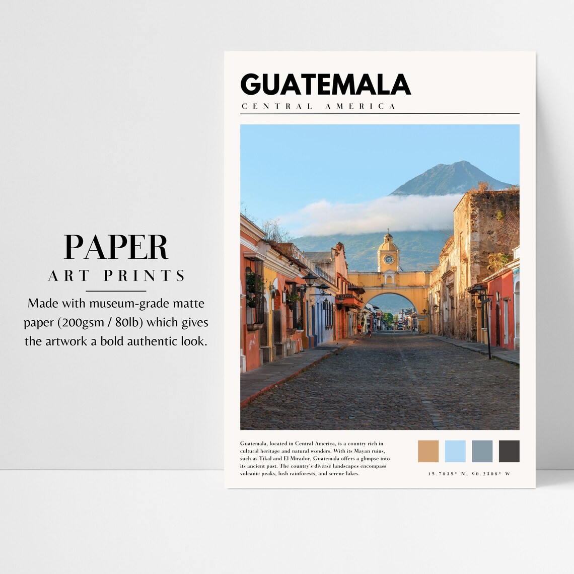 Guatemala Antigua Cobblestone Street Arch Volcano View Travel Poster - Image 3