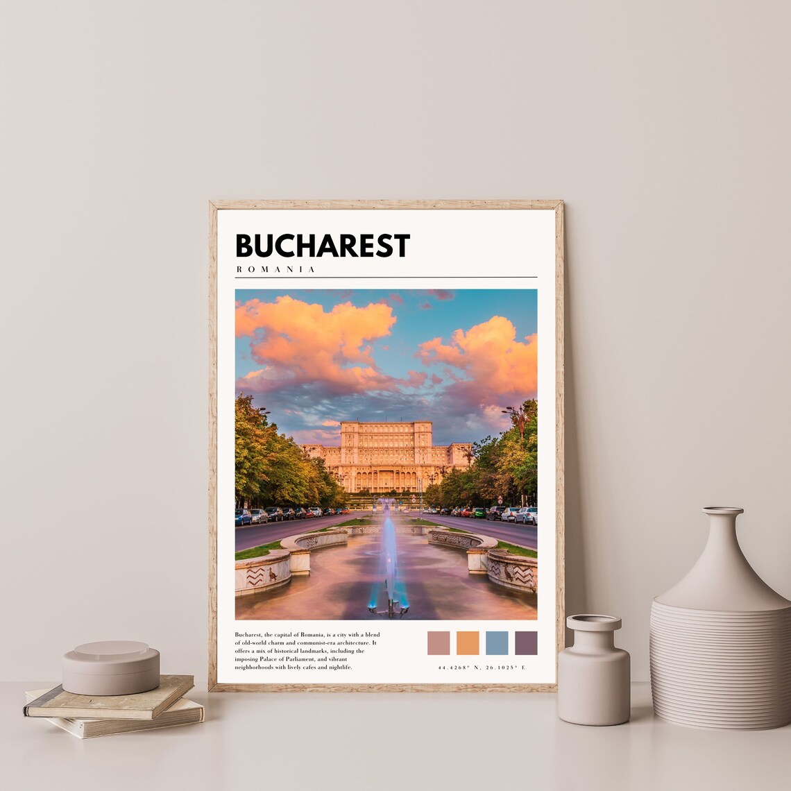 Bucharest Romania Palace of Parliament Sunset Fountain Travel Poster - Image 4