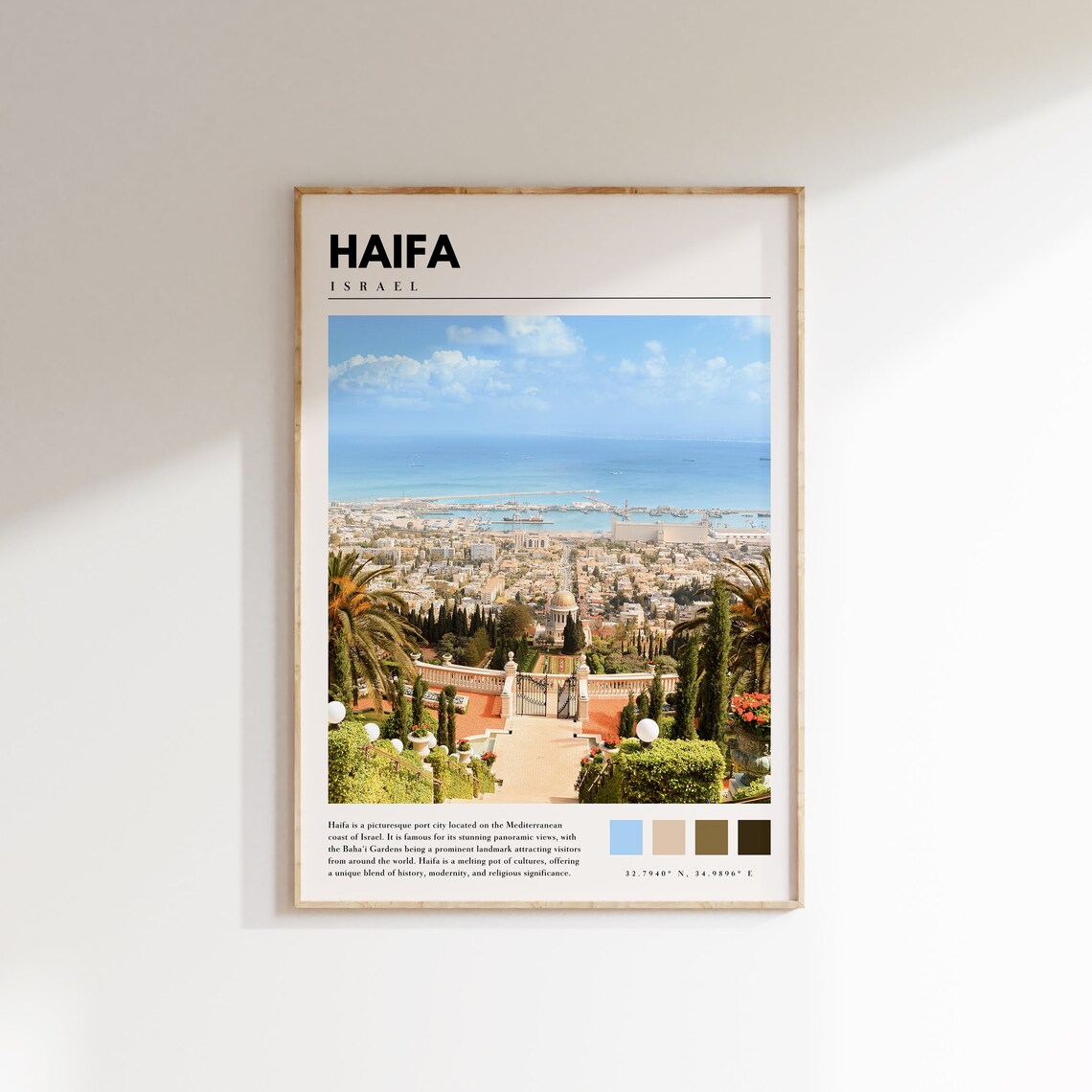 Haifa Israel Bahai Gardens Mediterranean Bay City View Travel Poster