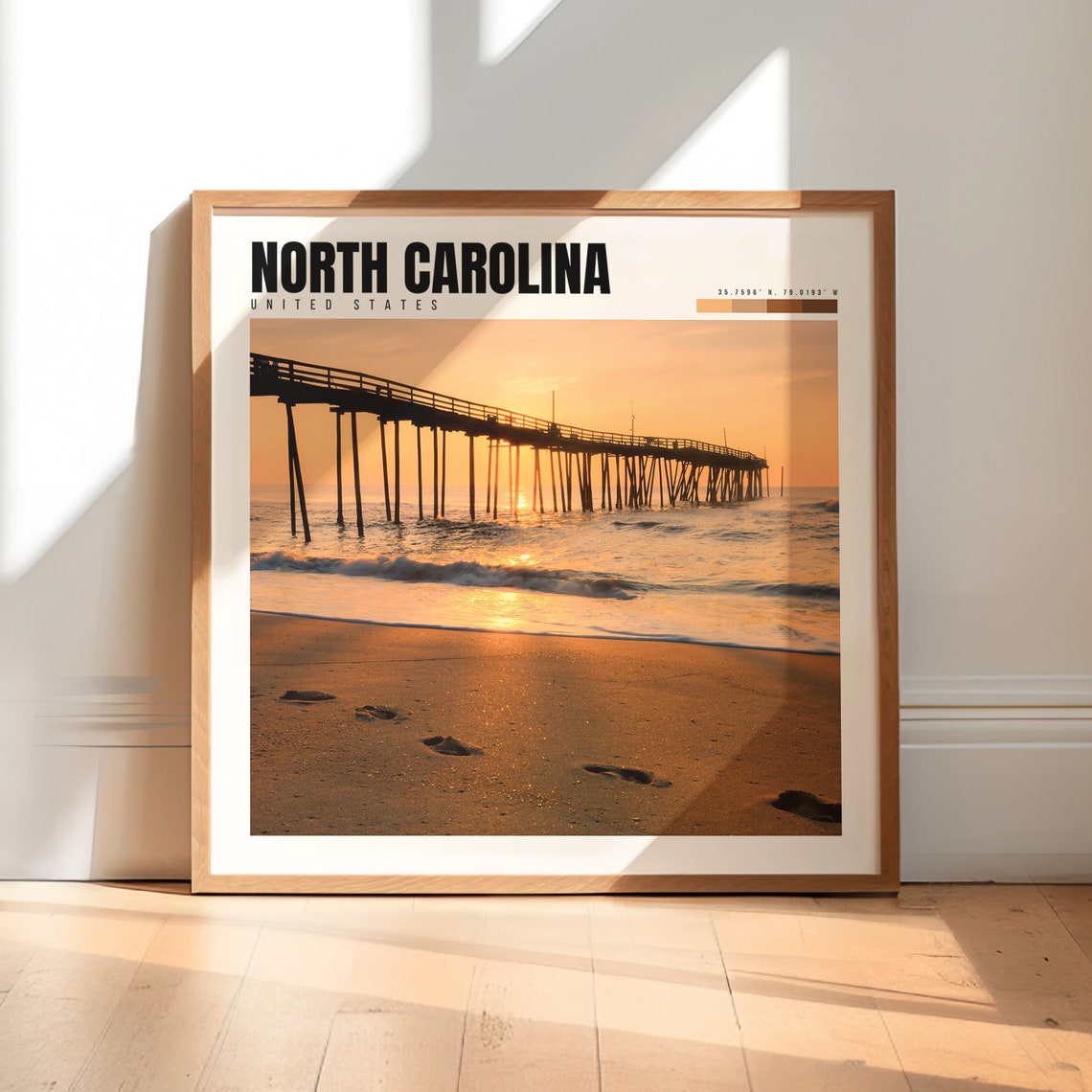North Carolina Poster with Outer Banks Pier at Golden Hour Sunset
